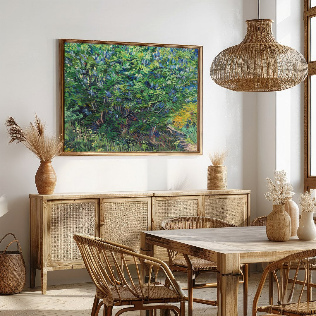 Immerse yourself in the lush beauty of a vibrant spring landscape. This artwork captures the for Dining