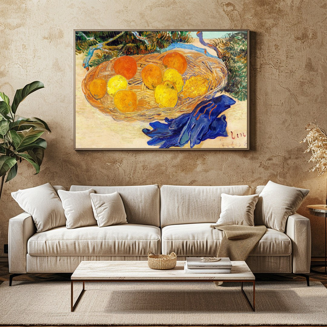 This captivating still life art piece offers a lively composition of oranges and lemons set within for Family Room