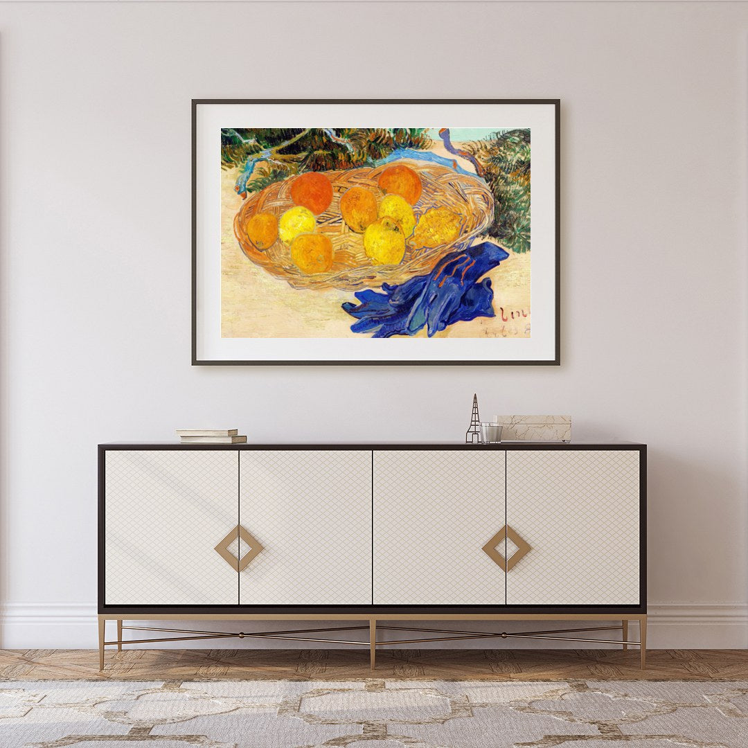 This captivating still life art piece offers a lively composition of oranges and lemons set within for Foyer