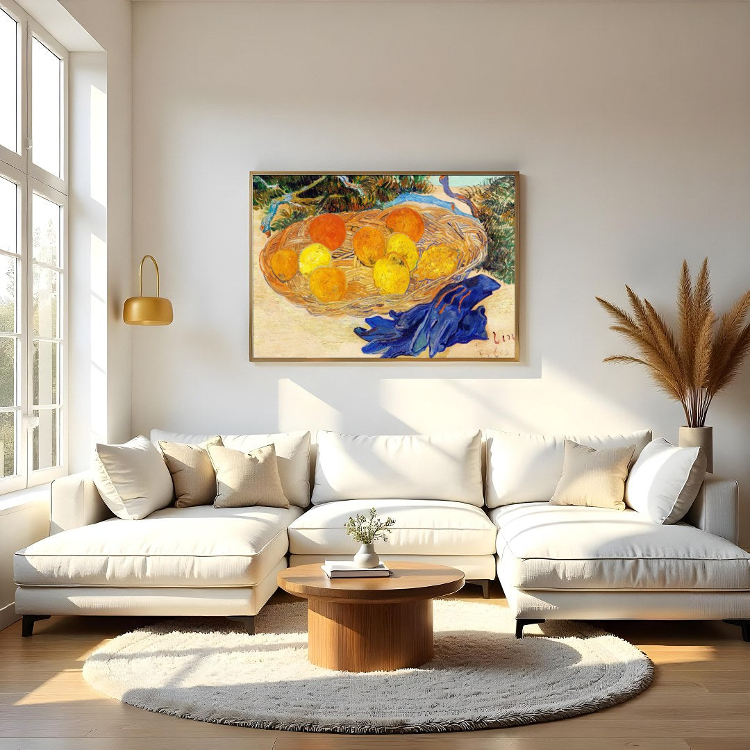 This captivating still life art piece offers a lively composition of oranges and lemons set within for Living Room