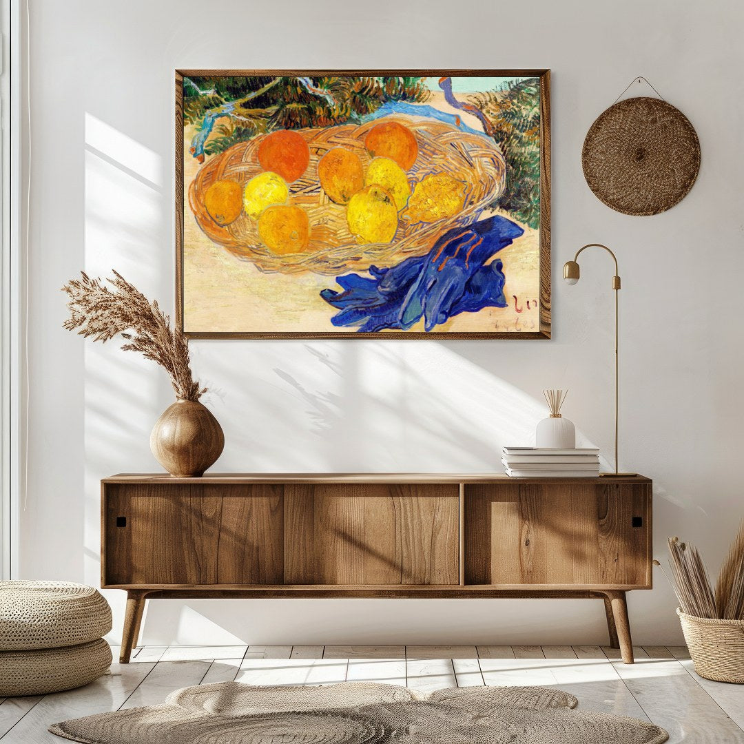 This captivating still life art piece offers a lively composition of oranges and lemons set within for Sitting Area