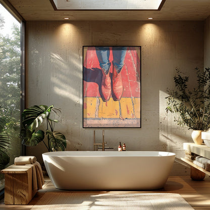Elevate your space with 'Vibrant Stride,' a captivating piece that combines bold colors and modern for Bathroom