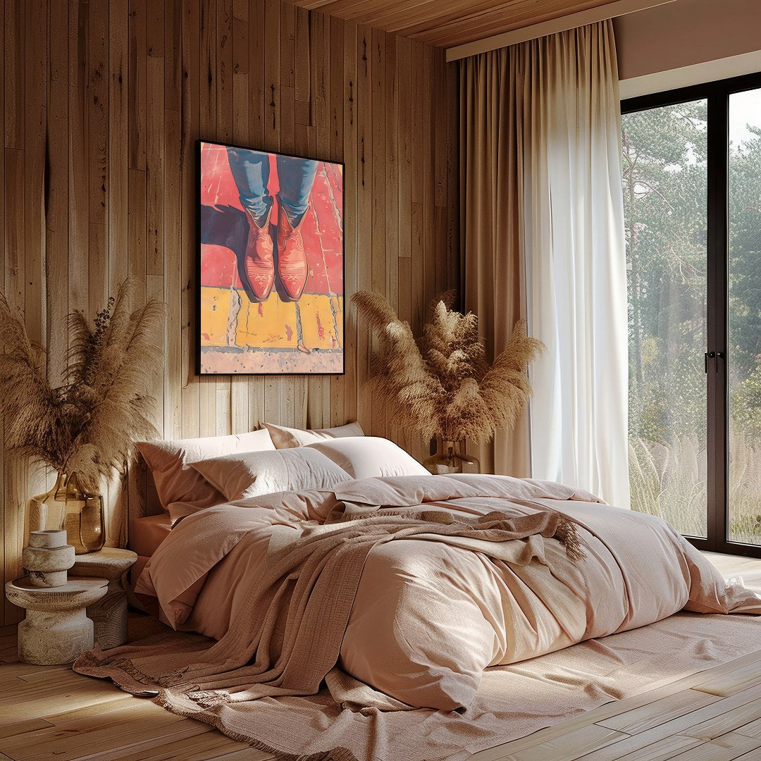 Elevate your space with 'Vibrant Stride,' a captivating piece that combines bold colors and modern for Bedroom