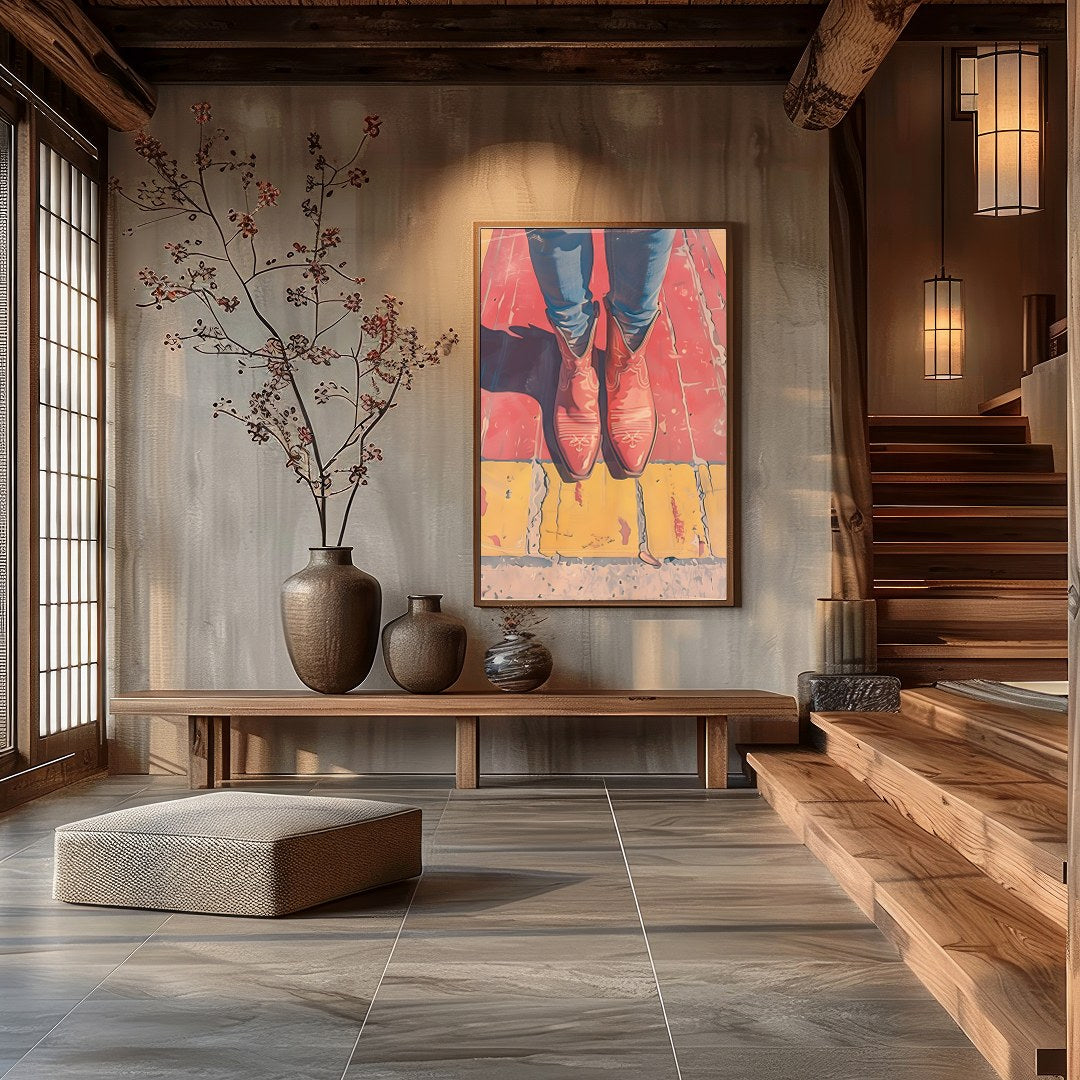 Elevate your space with 'Vibrant Stride,' a captivating piece that combines bold colors and modern for Hall