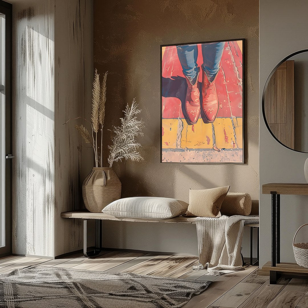 Elevate your space with 'Vibrant Stride,' a captivating piece that combines bold colors and modern for studio