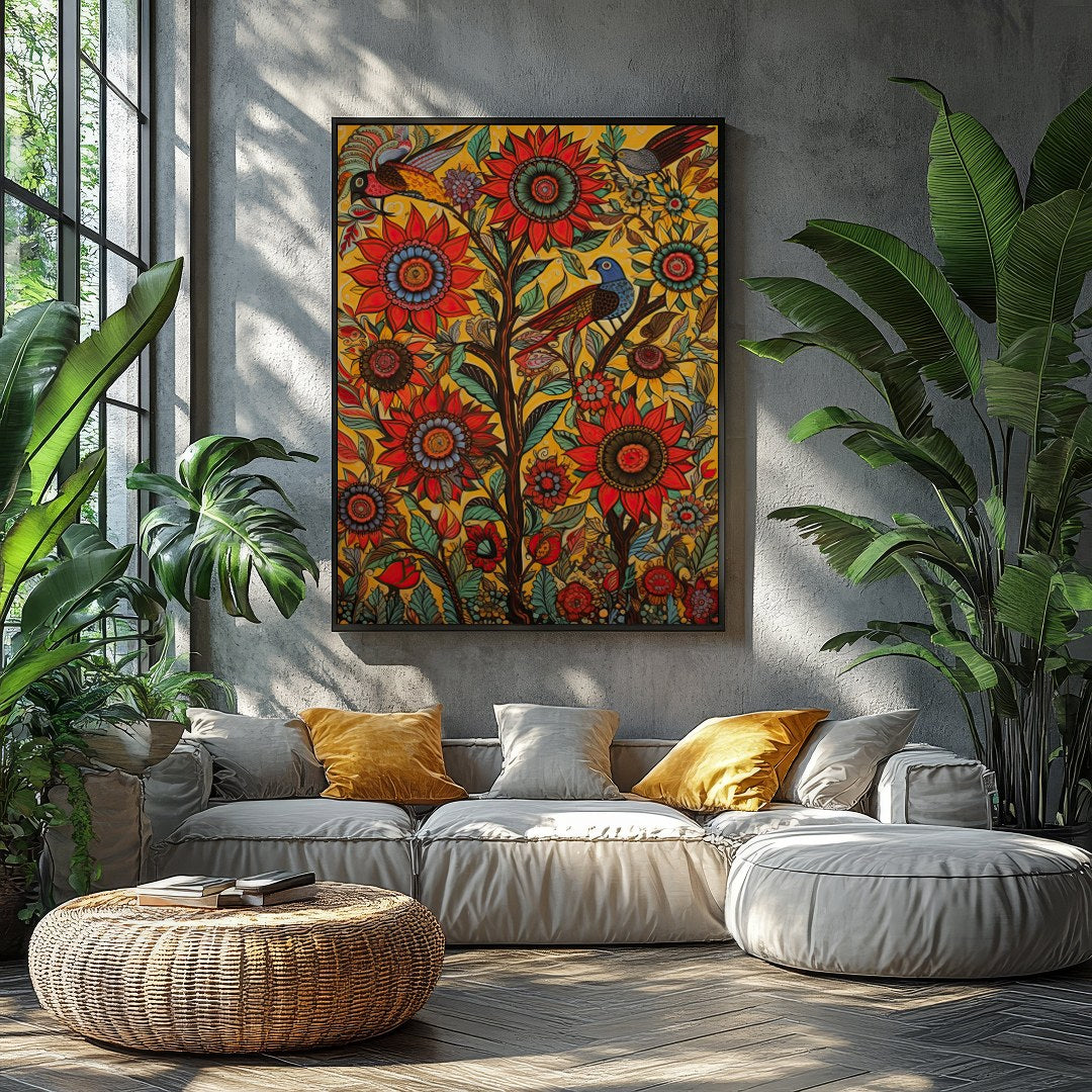 Immerse yourself in a lively explosion of colors with this captivating sunflower and bird motif. for Balcony