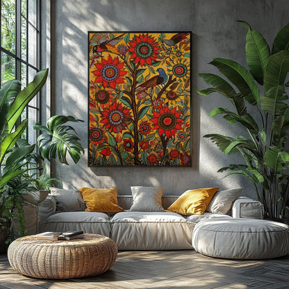 Immerse yourself in a lively explosion of colors with this captivating sunflower and bird motif. for Balcony