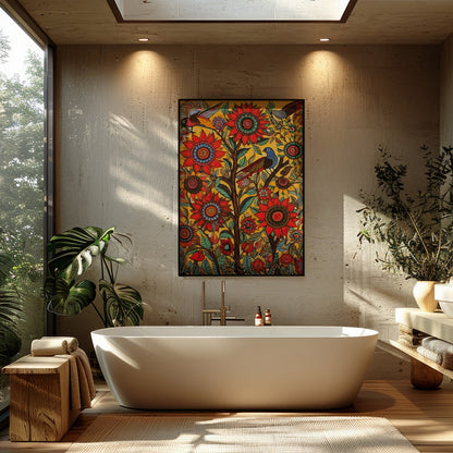 Immerse yourself in a lively explosion of colors with this captivating sunflower and bird motif. for Bathroom