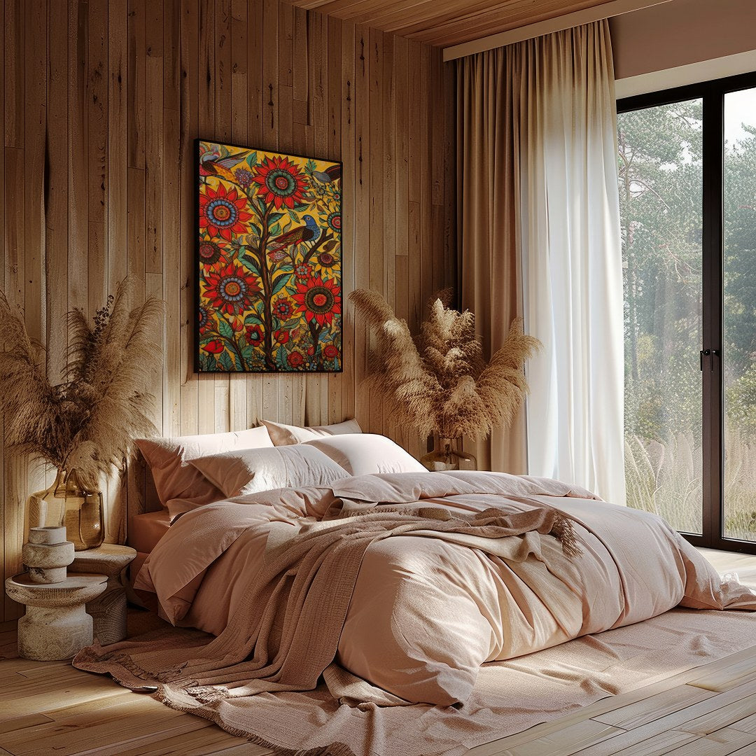 Immerse yourself in a lively explosion of colors with this captivating sunflower and bird motif. for Bedroom
