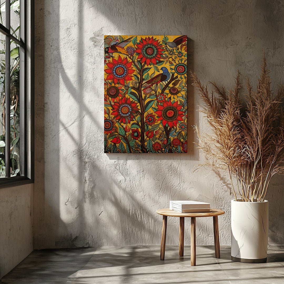 Immerse yourself in a lively explosion of colors with this captivating sunflower and bird motif. for Entrance