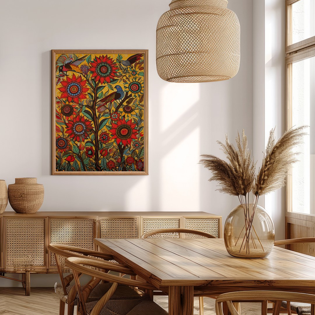 Immerse yourself in a lively explosion of colors with this captivating sunflower and bird motif. for Extra Kitchen