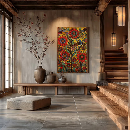 Immerse yourself in a lively explosion of colors with this captivating sunflower and bird motif. for Hall