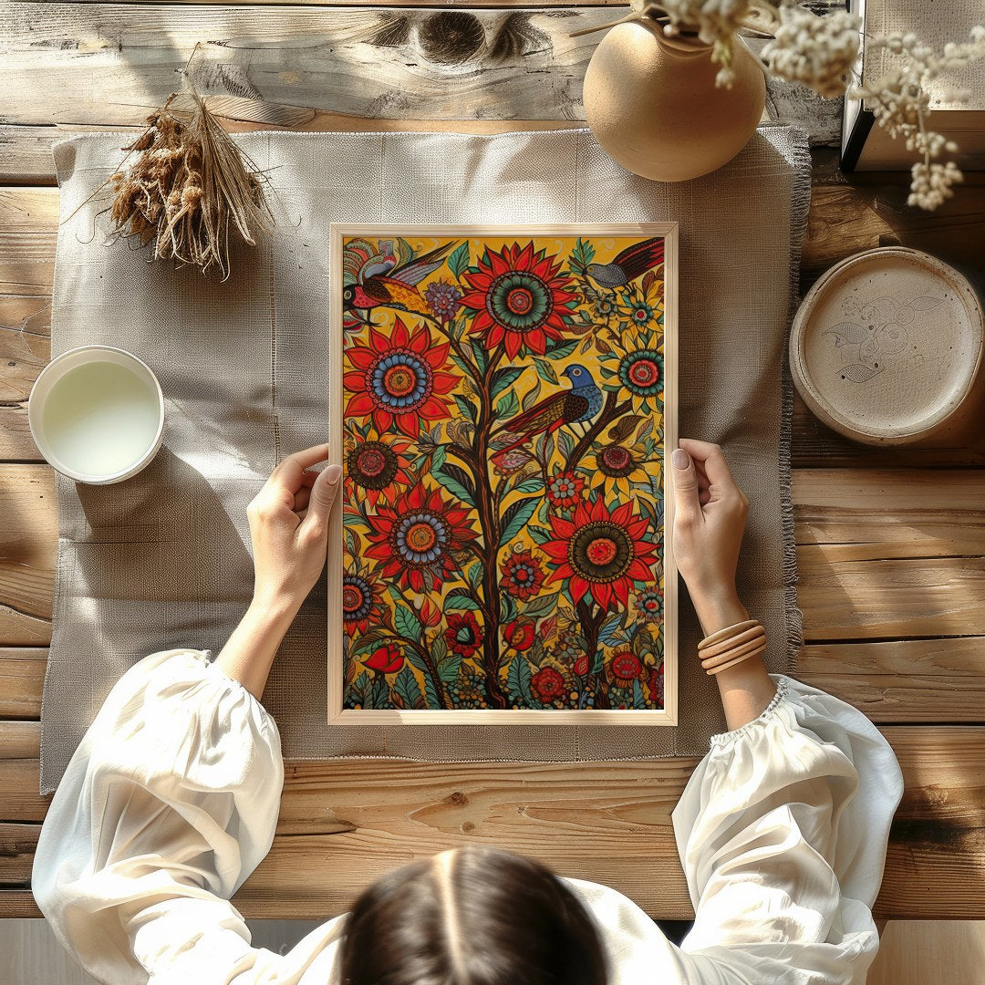 Immerse yourself in a lively explosion of colors with this captivating sunflower and bird motif. for Kitchen