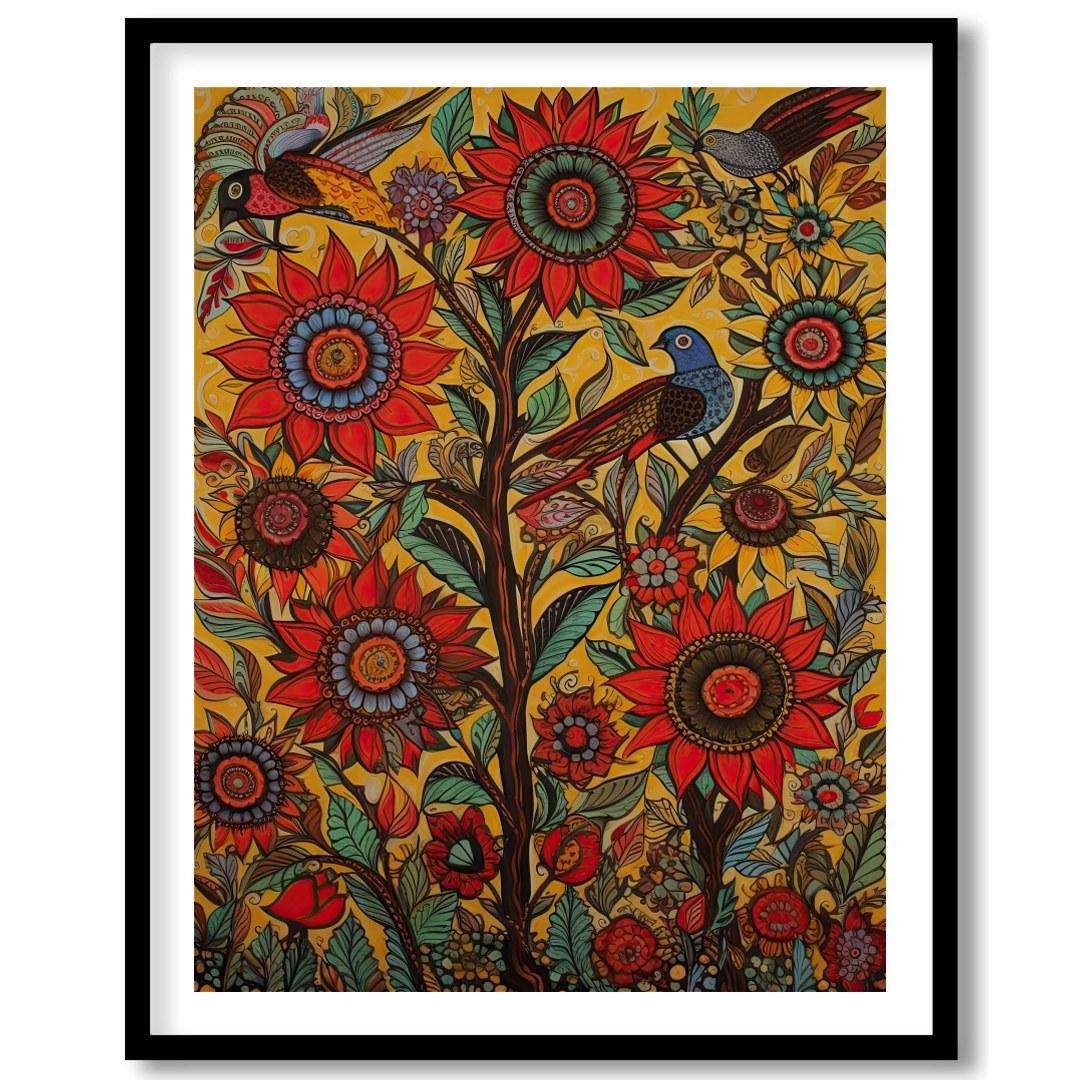 Immerse yourself in a lively explosion of colors with this captivating sunflower and bird motif. for lovely-house