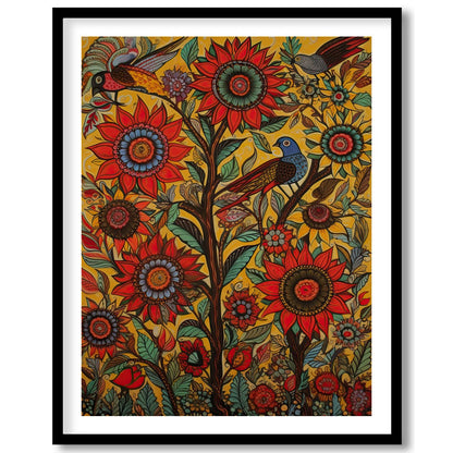 Immerse yourself in a lively explosion of colors with this captivating sunflower and bird motif. for lovely-house