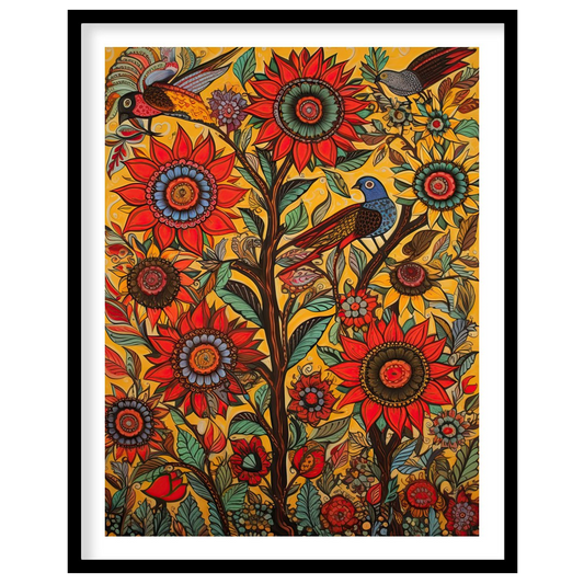 Immerse yourself in a lively explosion of colors with this captivating sunflower and bird motif. for lovely-house