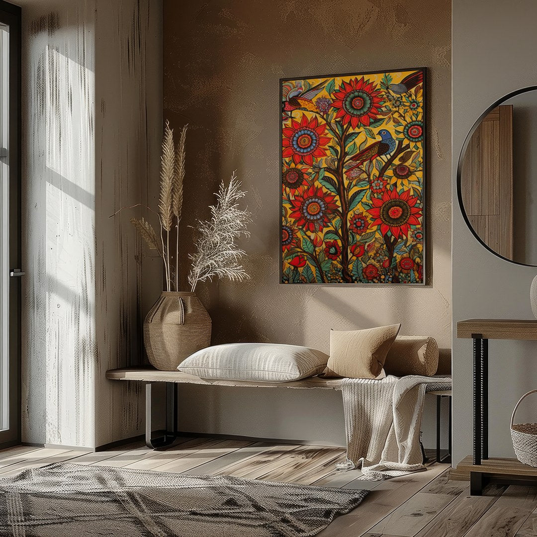 Immerse yourself in a lively explosion of colors with this captivating sunflower and bird motif. for office