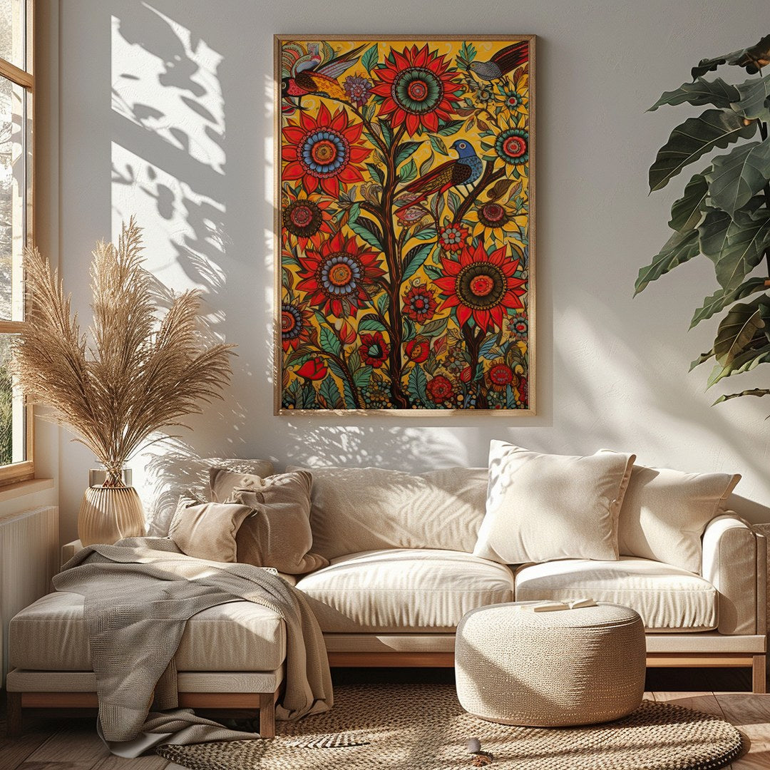 Immerse yourself in a lively explosion of colors with this captivating sunflower and bird motif. for Sitting Area