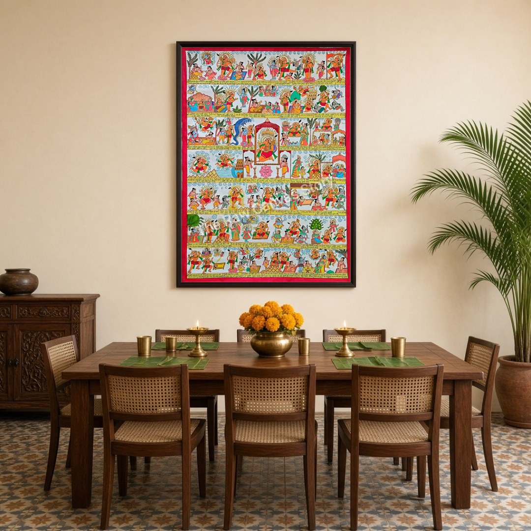 Dive into the vibrant scenes of the Ramayana depicted in this exquisite Phad art piece. Each panel for Dining