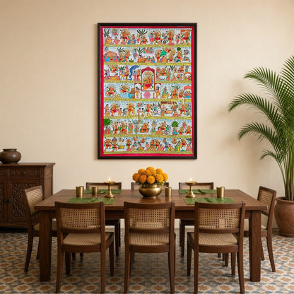 Dive into the vibrant scenes of the Ramayana depicted in this exquisite Phad art piece. Each panel for Dining