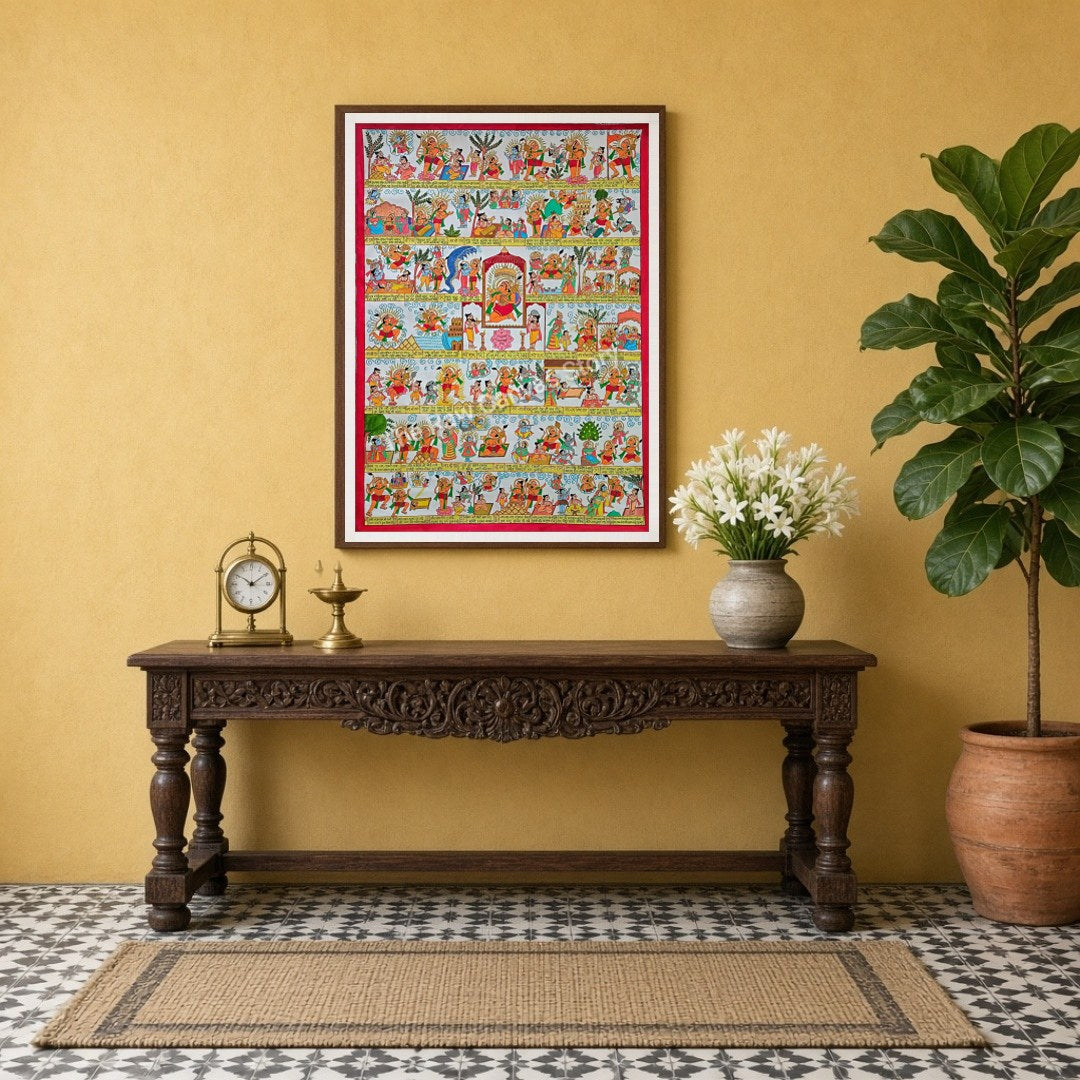 Dive into the vibrant scenes of the Ramayana depicted in this exquisite Phad art piece. Each panel for Entrance