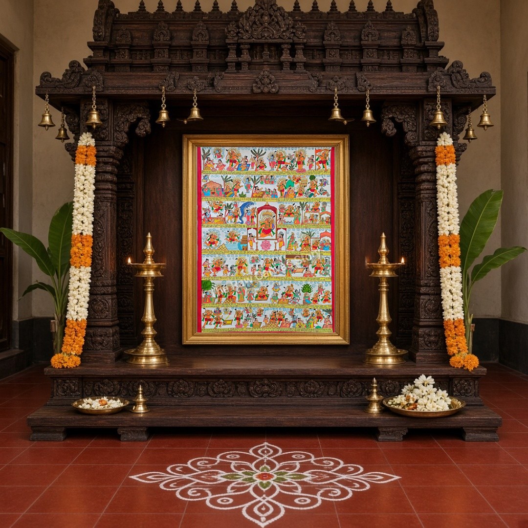 Dive into the vibrant scenes of the Ramayana depicted in this exquisite Phad art piece. Each panel for Home Temple
