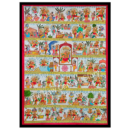 Dive into the vibrant scenes of the Ramayana depicted in this exquisite Phad art piece. Each panel for nook