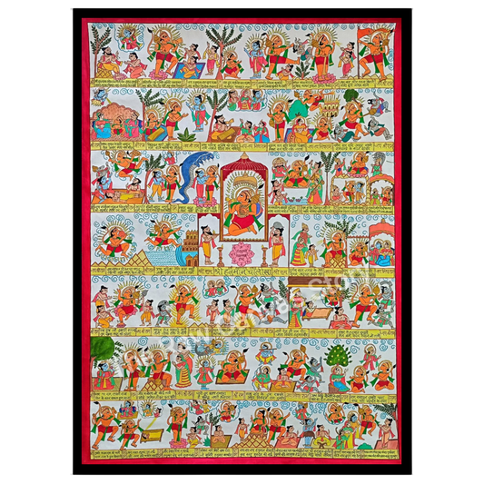 Dive into the vibrant scenes of the Ramayana depicted in this exquisite Phad art piece. Each panel for nook