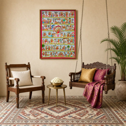 Dive into the vibrant scenes of the Ramayana depicted in this exquisite Phad art piece. Each panel for Sitting Lounge