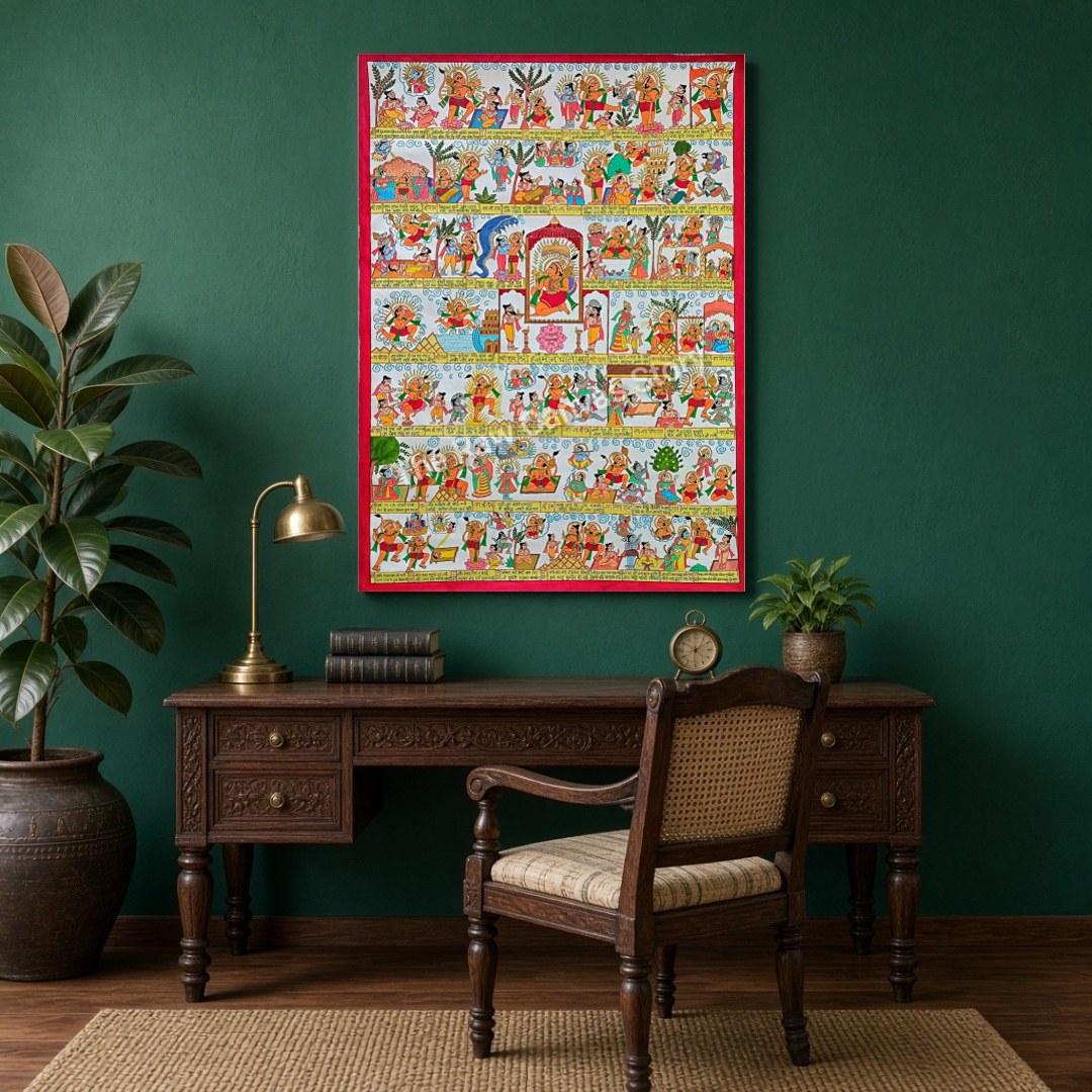 Dive into the vibrant scenes of the Ramayana depicted in this exquisite Phad art piece. Each panel for Study