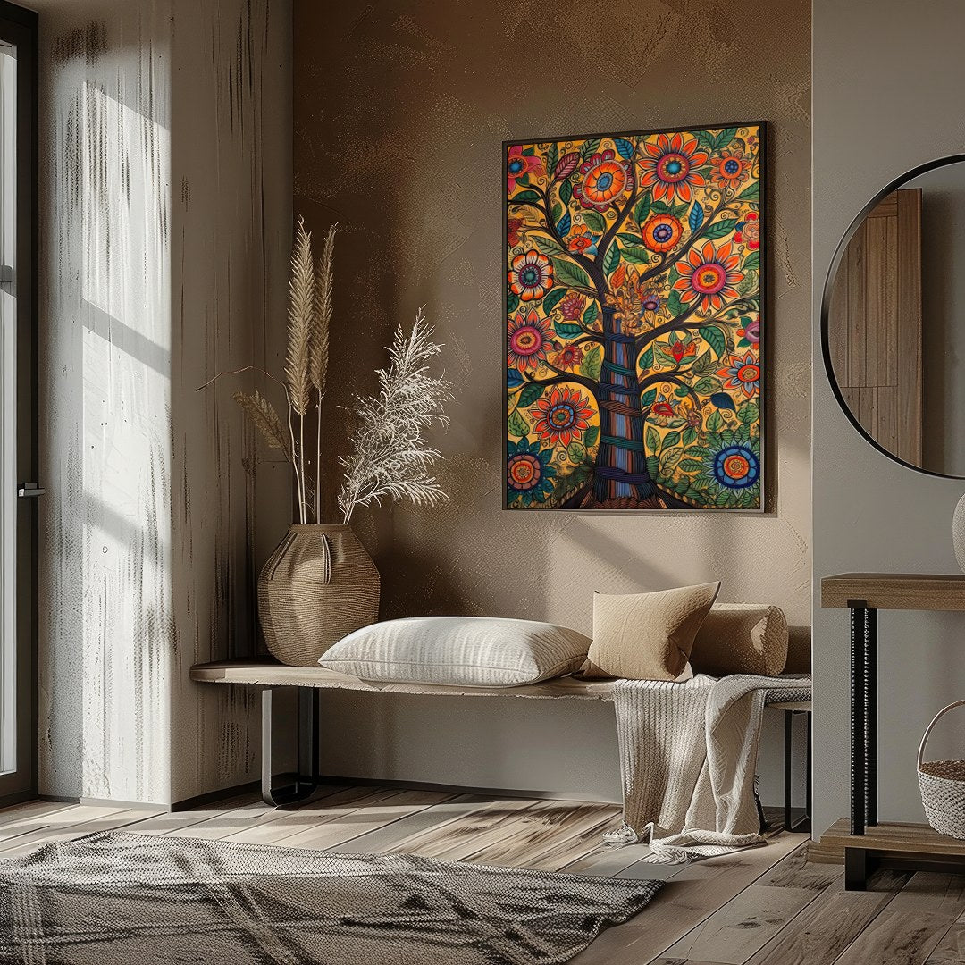 This captivating artwork showcases a tree of life bursting with vibrant flowers and meticulously for area