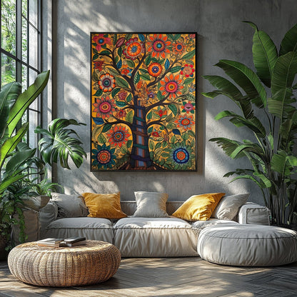 This captivating artwork showcases a tree of life bursting with vibrant flowers and meticulously for Balcony