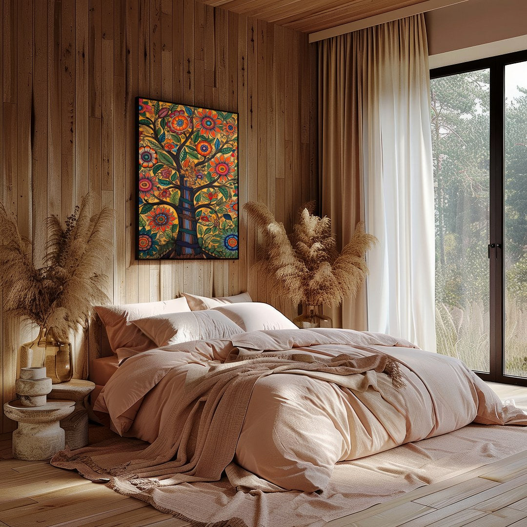 This captivating artwork showcases a tree of life bursting with vibrant flowers and meticulously for Bedroom