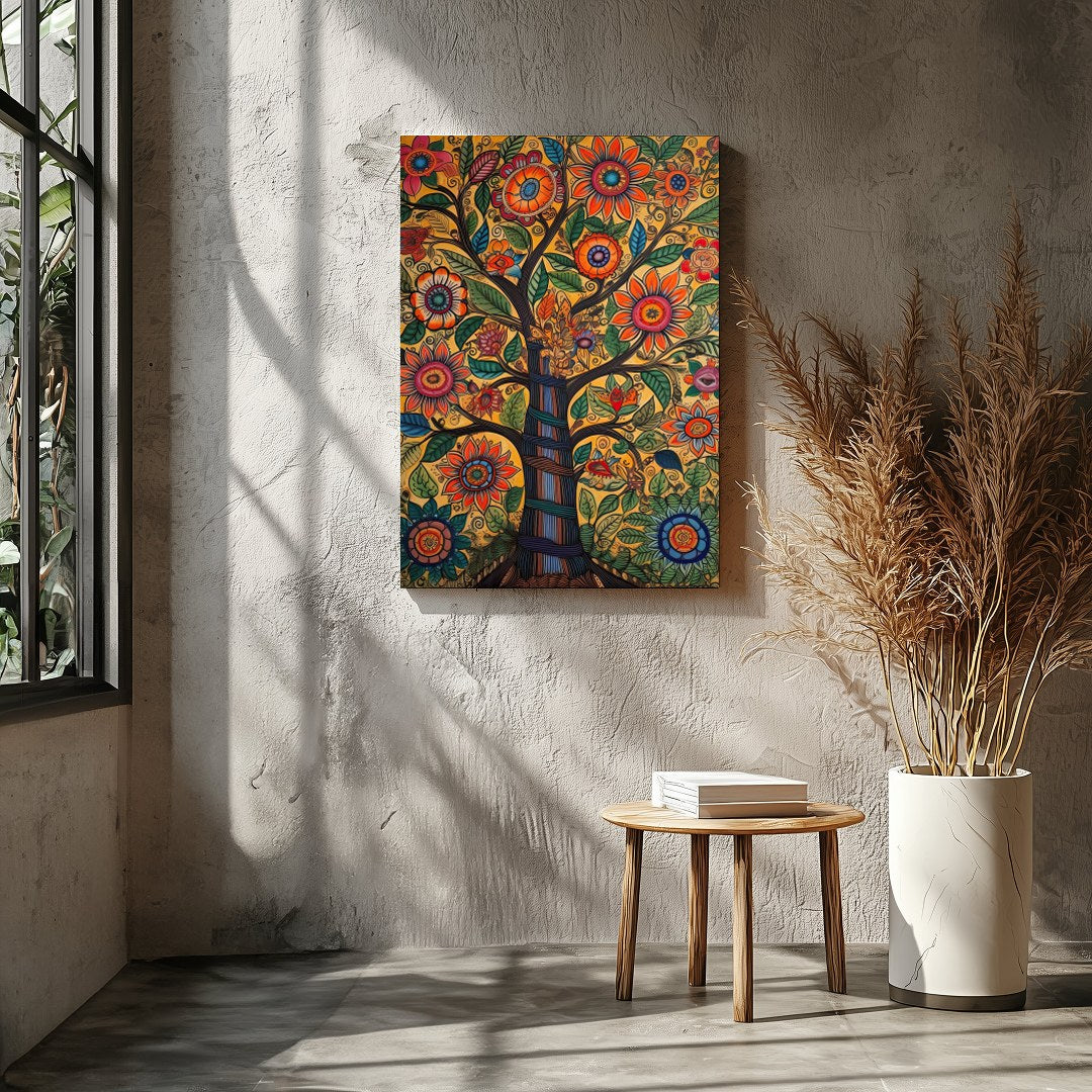 This captivating artwork showcases a tree of life bursting with vibrant flowers and meticulously for Entrance