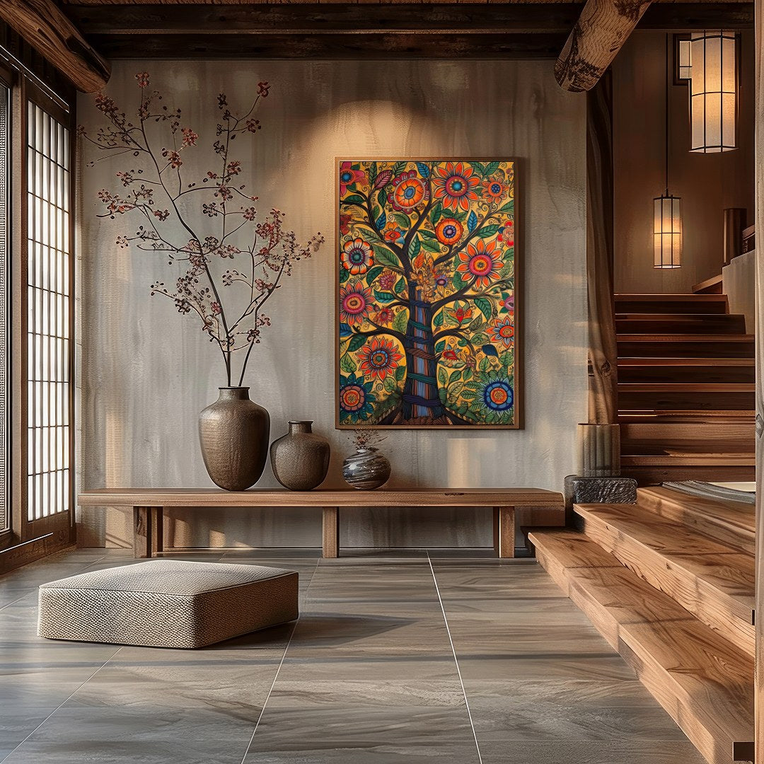 This captivating artwork showcases a tree of life bursting with vibrant flowers and meticulously for Hall