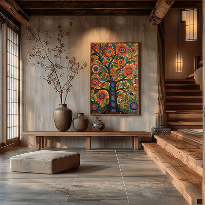 This captivating artwork showcases a tree of life bursting with vibrant flowers and meticulously for Hall
