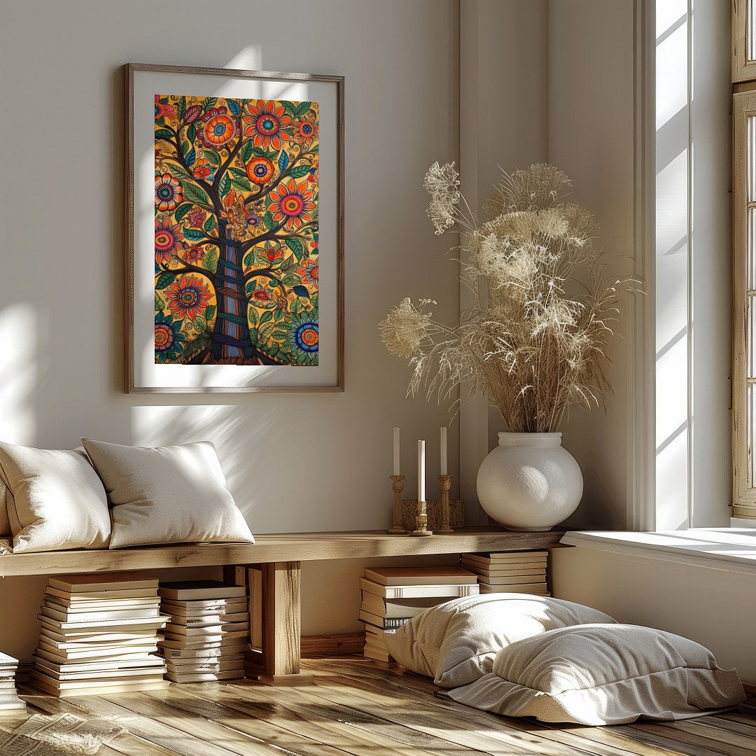 This captivating artwork showcases a tree of life bursting with vibrant flowers and meticulously for home