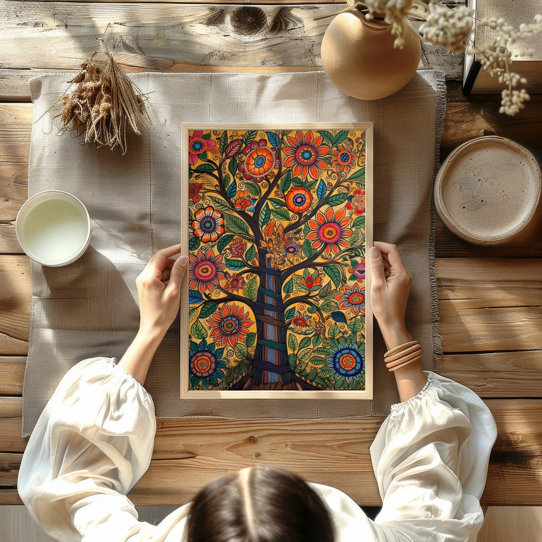 This captivating artwork showcases a tree of life bursting with vibrant flowers and meticulously for Kitchen