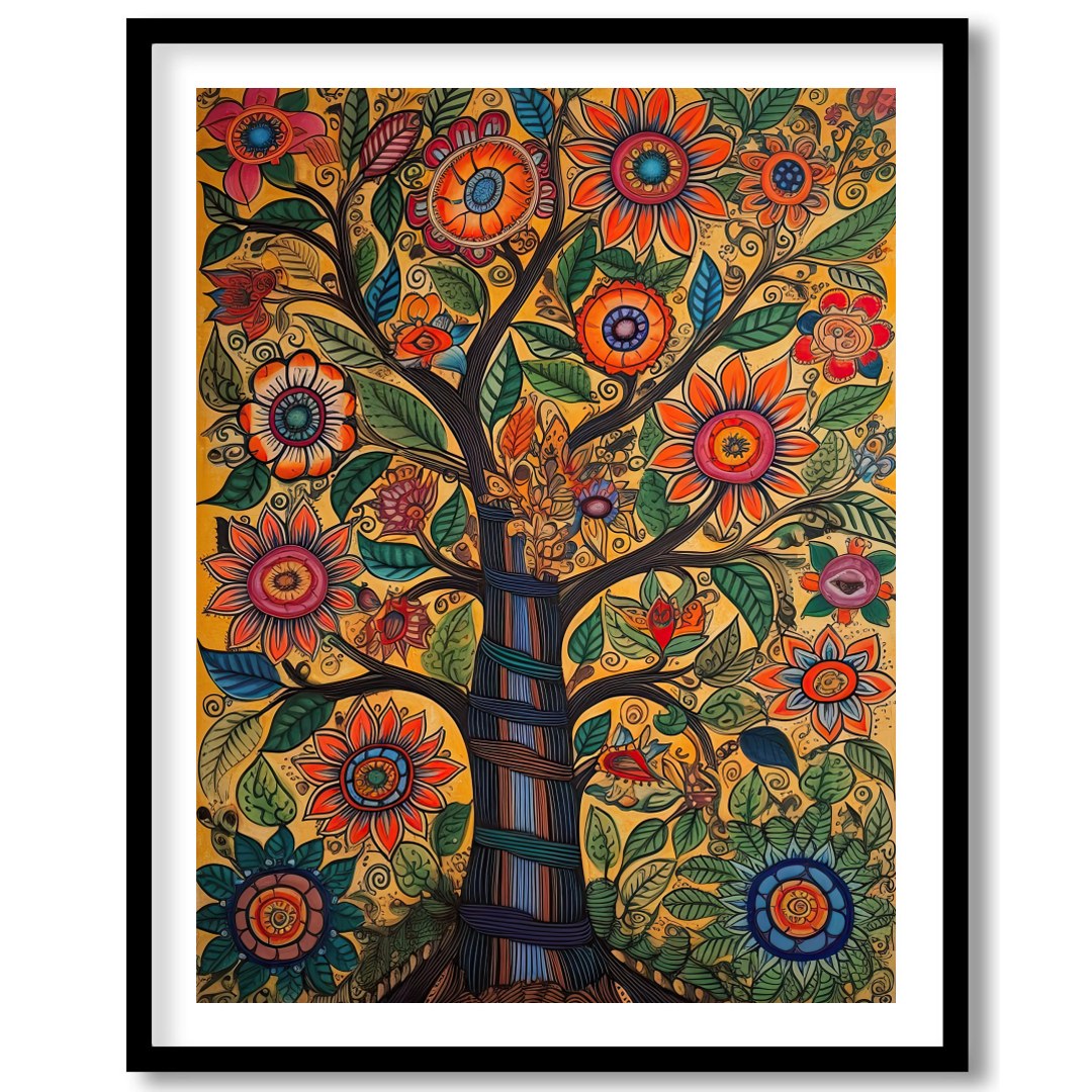 This captivating artwork showcases a tree of life bursting with vibrant flowers and meticulously for residence