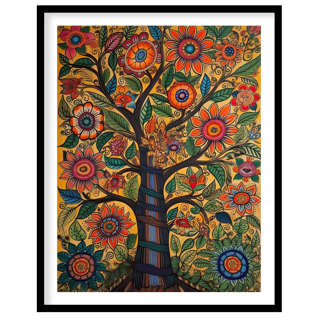 This captivating artwork showcases a tree of life bursting with vibrant flowers and meticulously for residence