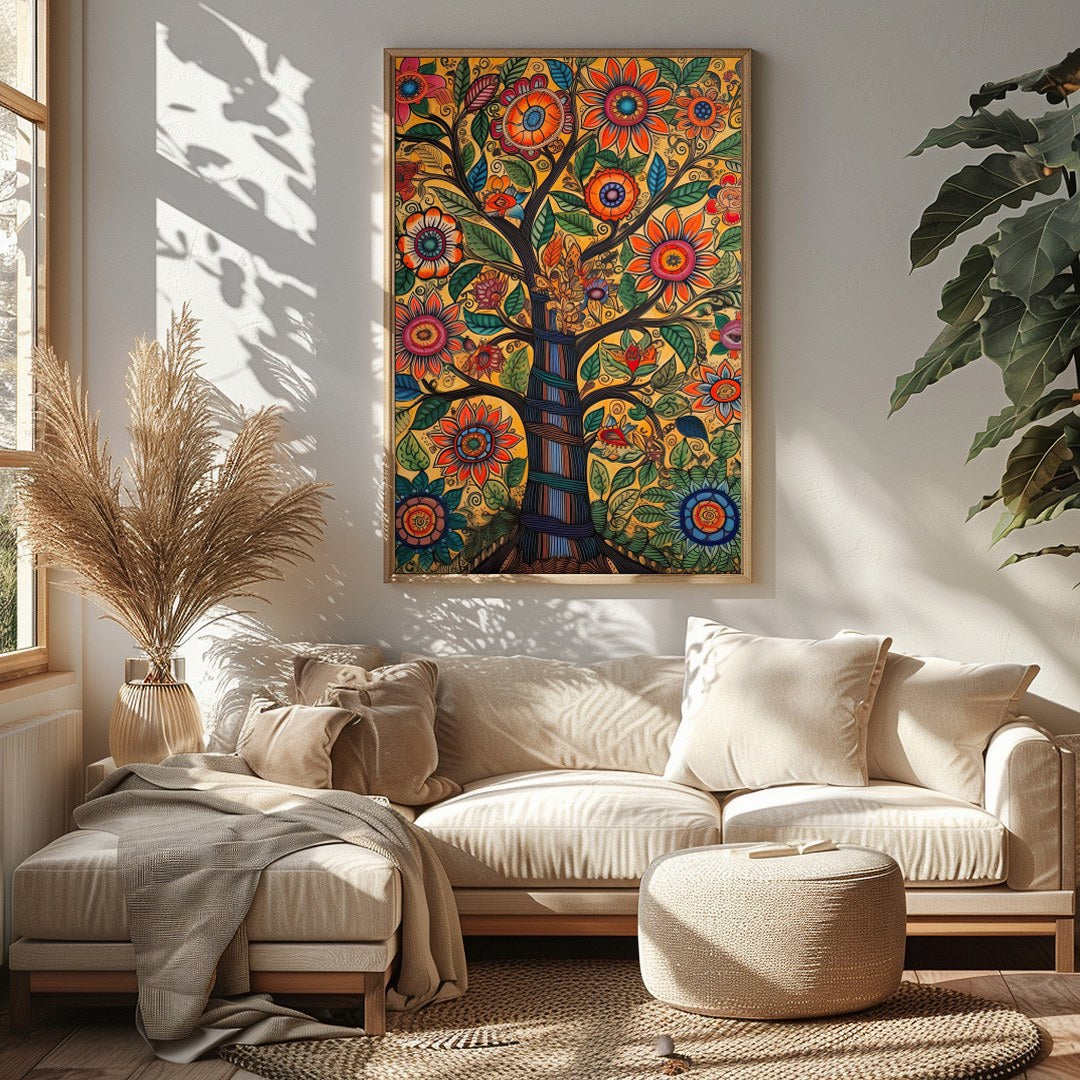 This captivating artwork showcases a tree of life bursting with vibrant flowers and meticulously for Sitting Area