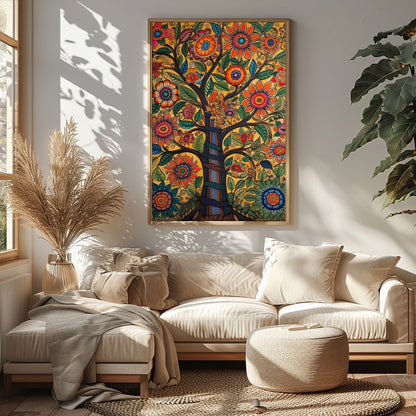This captivating artwork showcases a tree of life bursting with vibrant flowers and meticulously for Sitting Area