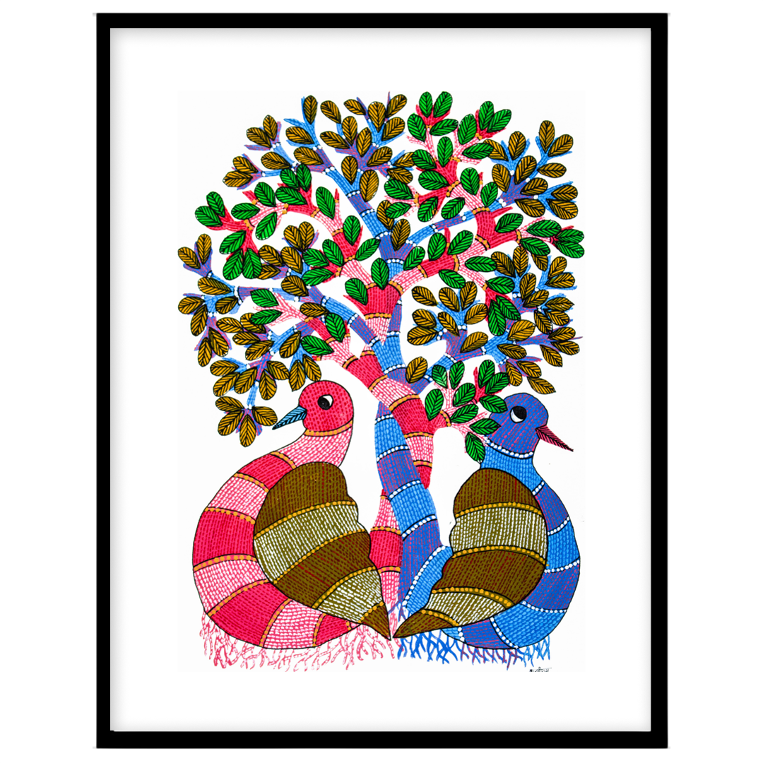 Immerse yourself in the enchanting world of Gond art with this vibrant depiction of the Tree of for decor