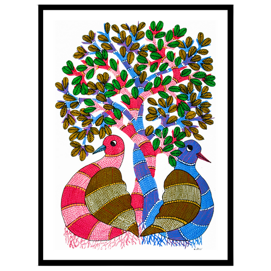 Immerse yourself in the enchanting world of Gond art with this vibrant depiction of the Tree of for decor