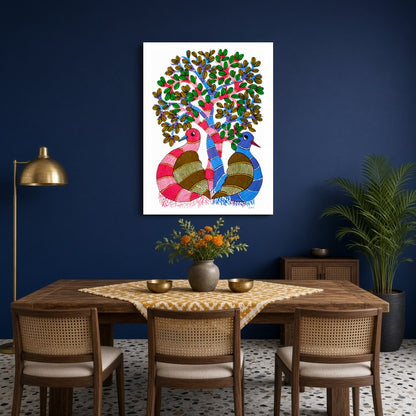 Immerse yourself in the enchanting world of Gond art with this vibrant depiction of the Tree of for Dining