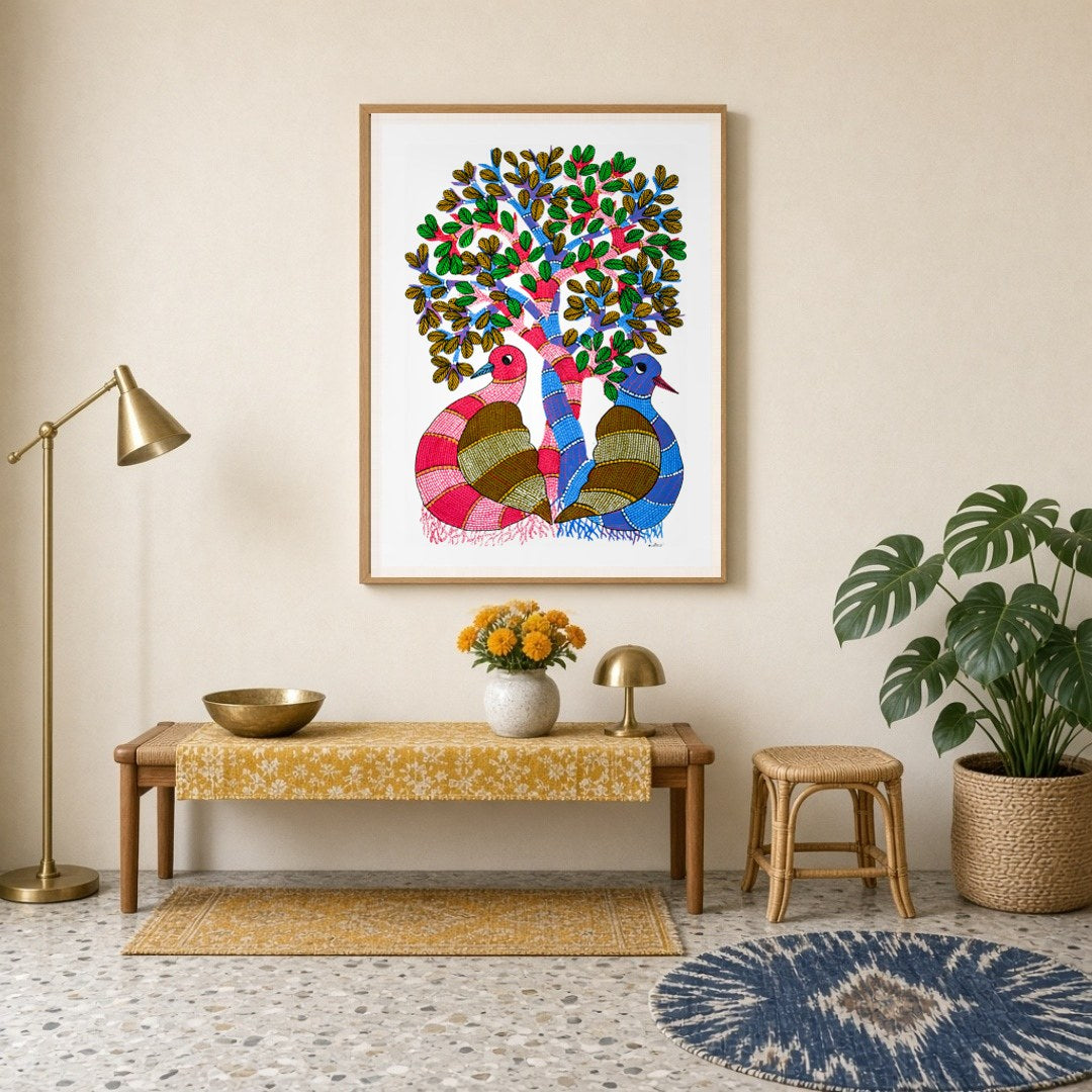 Immerse yourself in the enchanting world of Gond art with this vibrant depiction of the Tree of for Entrance