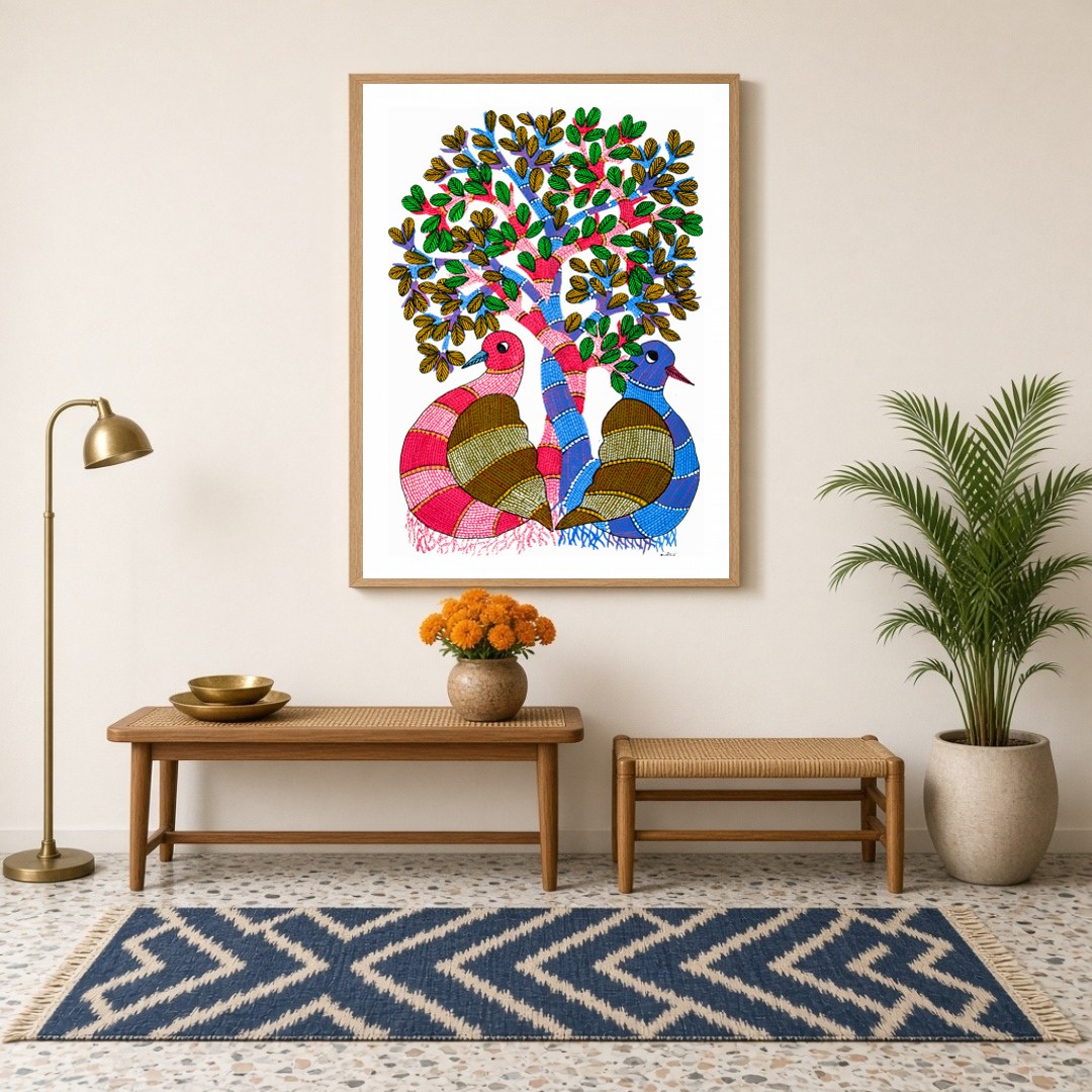 Immerse yourself in the enchanting world of Gond art with this vibrant depiction of the Tree of for Hallway