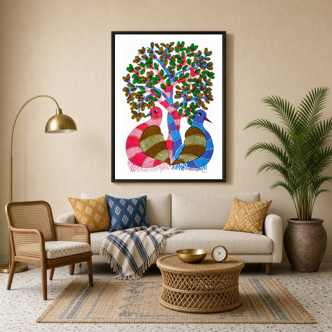 Immerse yourself in the enchanting world of Gond art with this vibrant depiction of the Tree of for Living Room