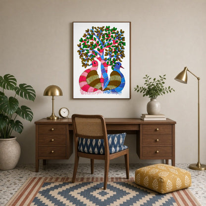 Immerse yourself in the enchanting world of Gond art with this vibrant depiction of the Tree of for Study
