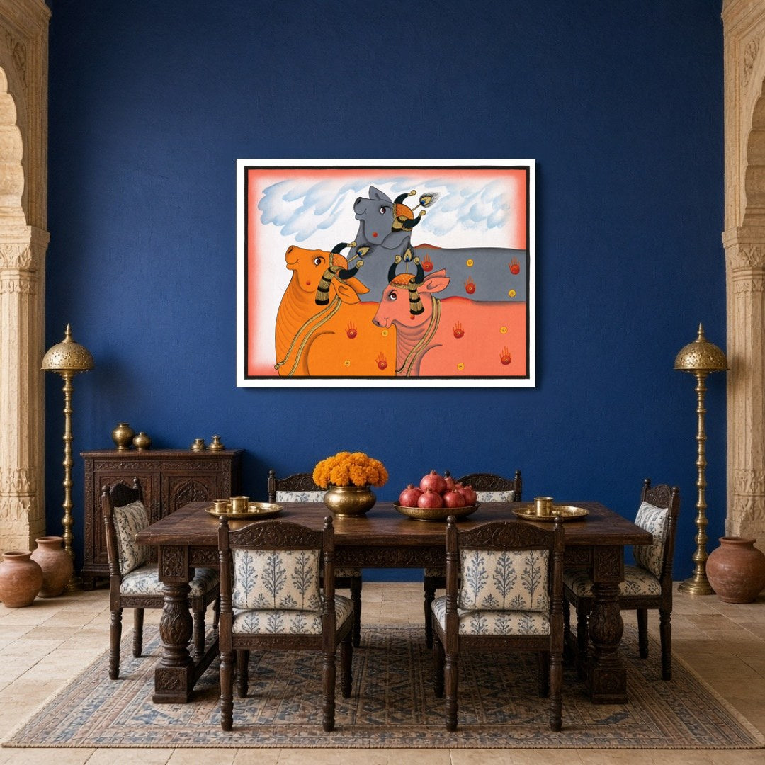 Experience the enchanting allure of Pichwai art with this captivating depiction of Kamdhenu cows, for Dining